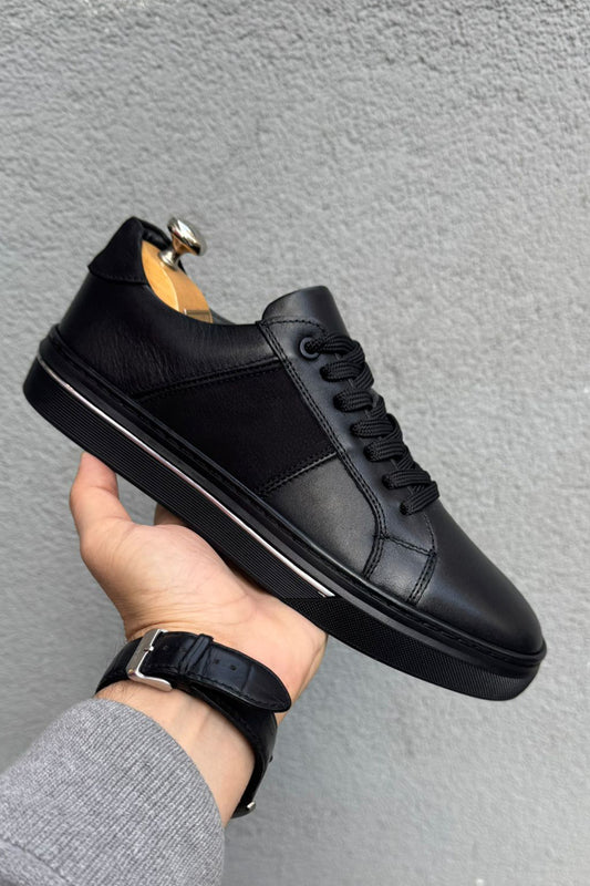 Hakiki Deri Siyah Erkek Sneaker | Kauçuk Tabanlı, Günlük Ayakkabı