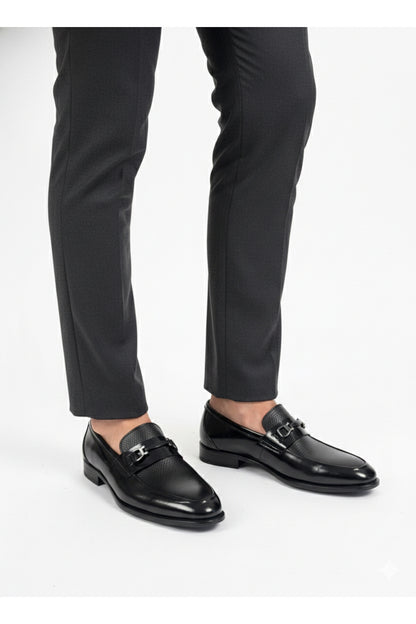Erkek Siyah Hakiki Deri Rugan Detaylı Klasik Tokalı Damatlık Ayakkabı - Neolit Taban 2601261950