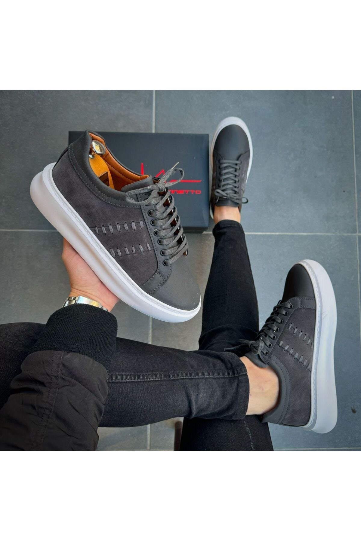 GRİ  ithal suni deri Yüksek Taban Günlük bağcıklı Erkek sneaker Ayakkabı  MRT00733