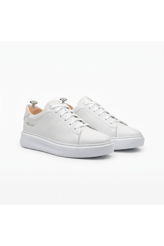 Hakiki Deri, Beyaz Kalın Yüksek Tabanlı, Dikişli, İç Dış Deri Erkek Sneaker Ayakkabı MRTEKMB0012