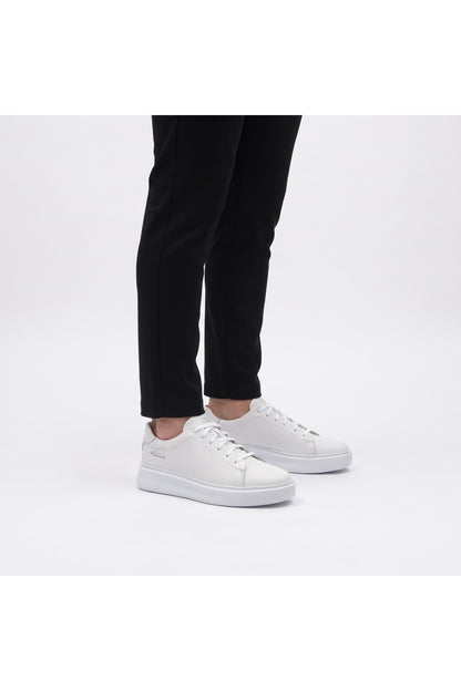 Hakiki Deri, Beyaz Kalın Yüksek Tabanlı, Dikişli, İç Dış Deri Erkek Sneaker Ayakkabı MRTEKMB0012