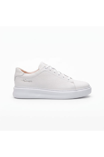 Hakiki Deri, Beyaz Kalın Yüksek Tabanlı, Dikişli, İç Dış Deri Erkek Sneaker Ayakkabı MRTEKMB0012