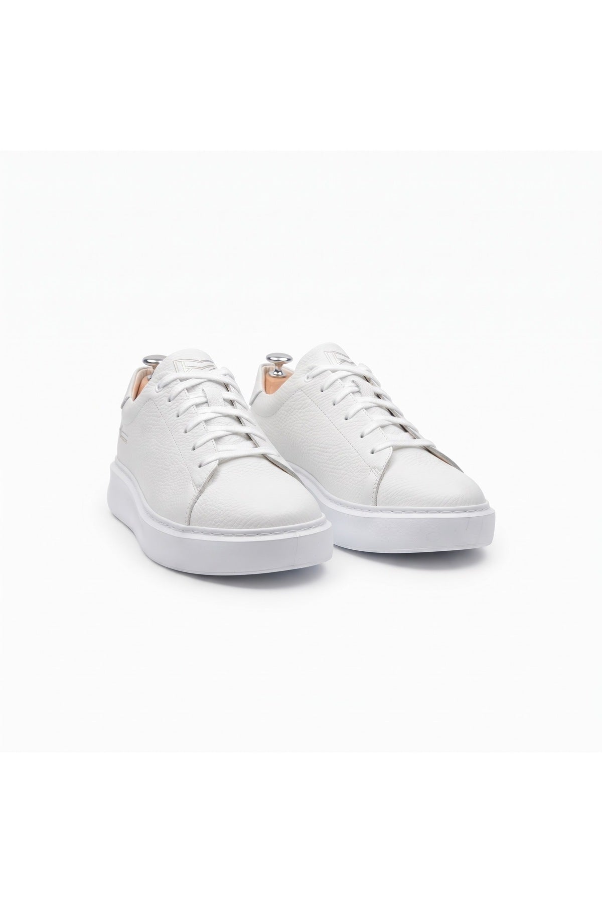 Hakiki Deri, Beyaz Kalın Yüksek Tabanlı, Dikişli, İç Dış Deri Erkek Sneaker Ayakkabı MRTEKMB0012