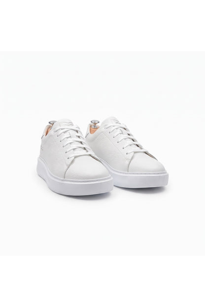 Hakiki Deri, Beyaz Kalın Yüksek Tabanlı, Dikişli, İç Dış Deri Erkek Sneaker Ayakkabı MRTEKMB0012