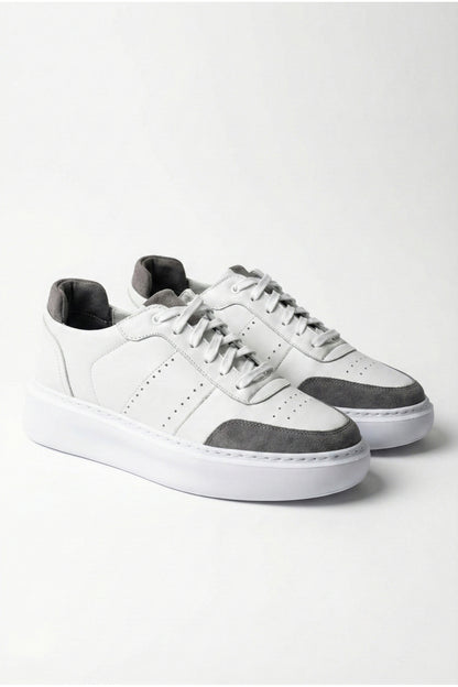 Hakiki Deri Beyaz Sneaker Gri Süet Detaylı Eva Taban Yüksek Tabanlı Konforlu Erkek Sneaker Ayakkabı