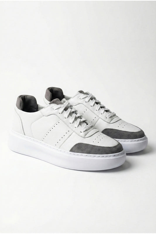 Hakiki Deri Beyaz Sneaker Gri Süet Detaylı Eva Taban Yüksek Tabanlı Konforlu Erkek Sneaker Ayakkabı
