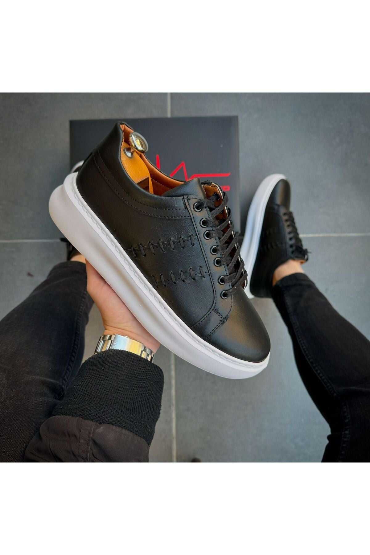 Siyah Cilt ithal suni deri Yüksek Taban Günlük bağcıklı Erkek sneaker Ayakkabı  MRT000933