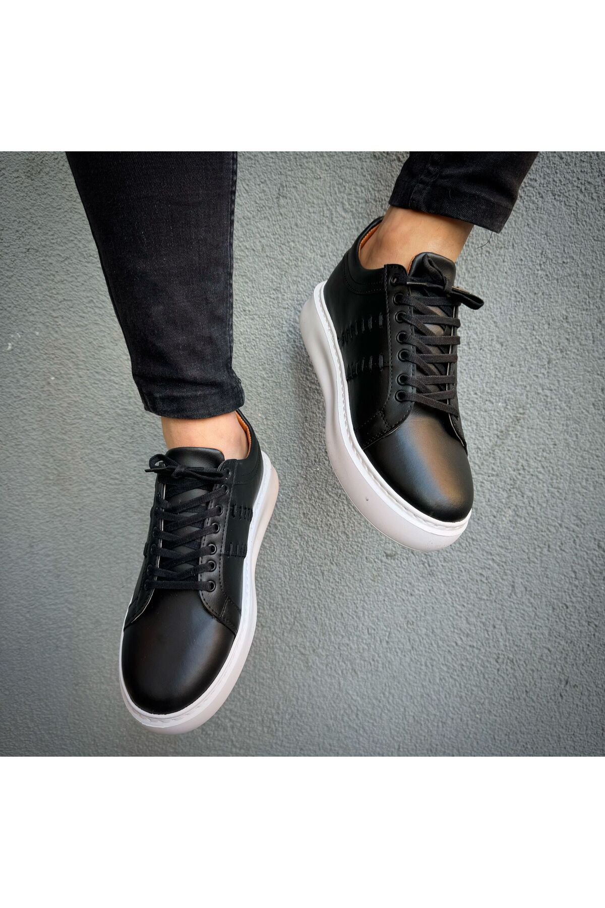 Siyah Cilt ithal suni deri Yüksek Taban Günlük bağcıklı Erkek sneaker Ayakkabı  MRT000933
