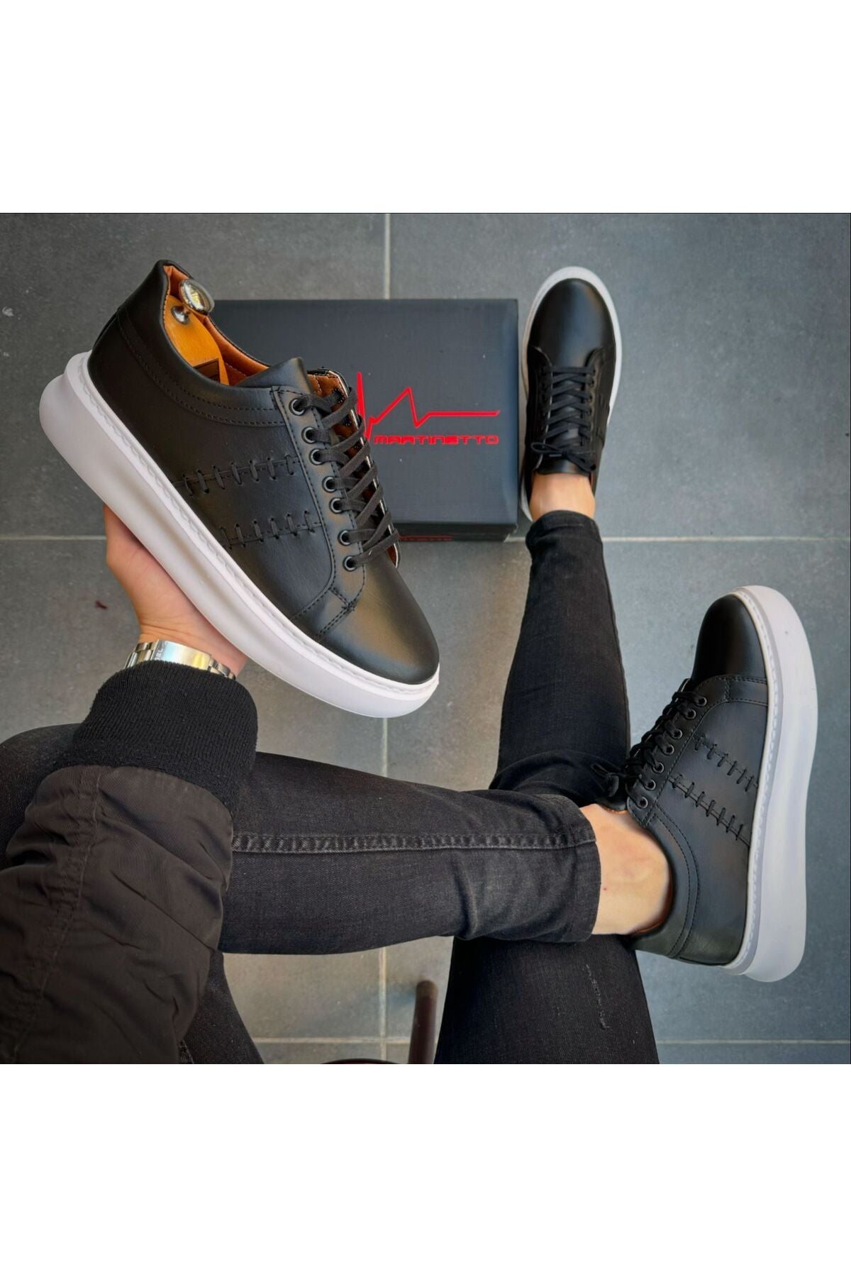 Siyah Cilt ithal suni deri Yüksek Taban Günlük bağcıklı Erkek sneaker Ayakkabı  MRT000933