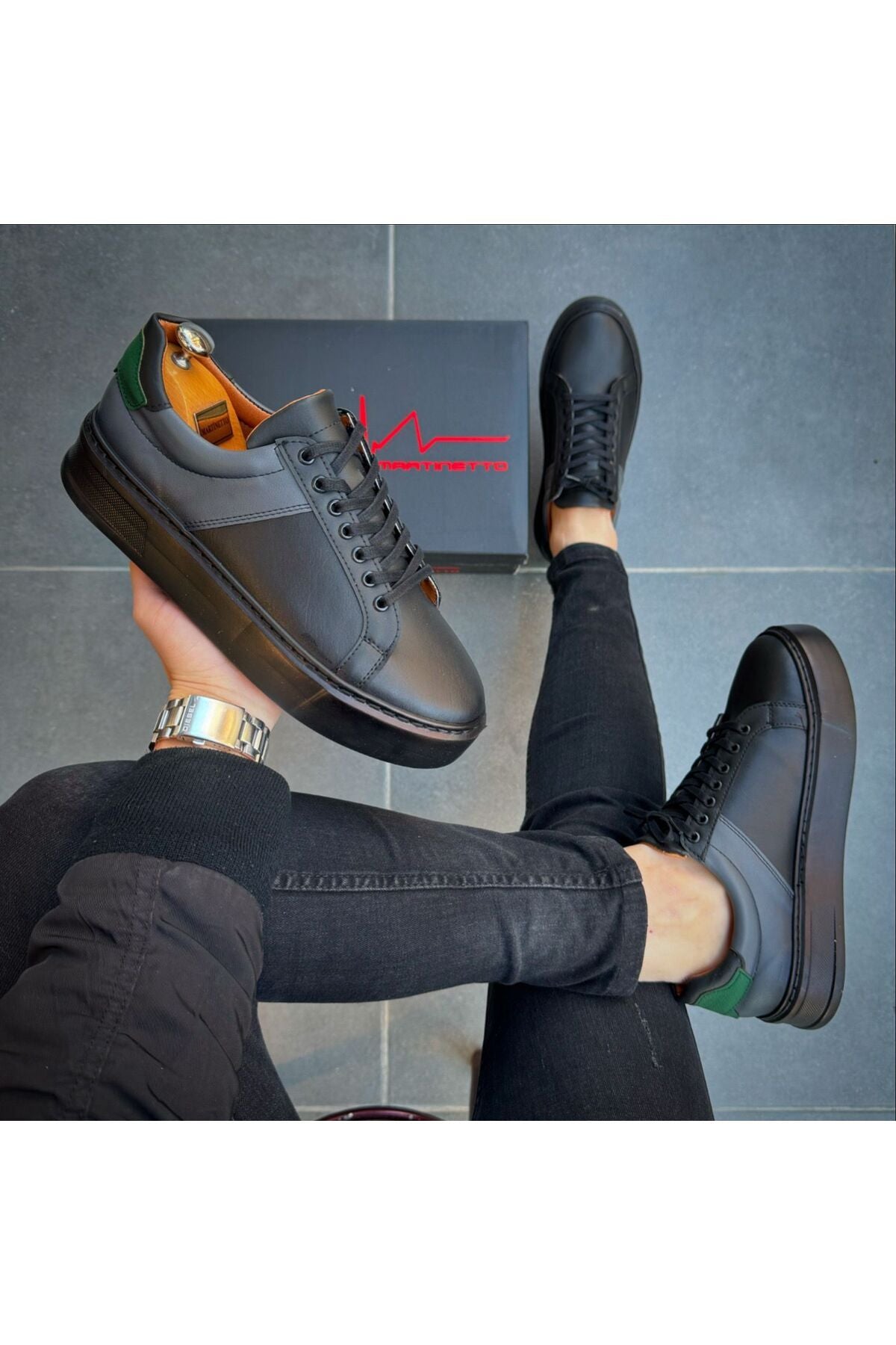 Siyah Cilt Ithal Suni Deri Yüksek Taban Günlük Bağcıklı Erkek Sneaker Ayakkabı Mrt00419