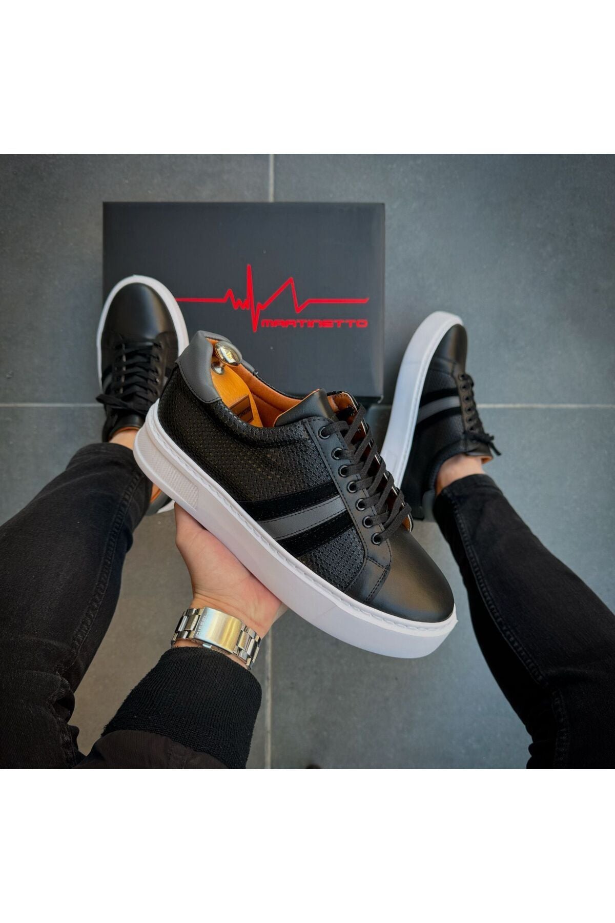 Siyah Cilt ithal suni deri Yüksek Taban Günlük bağcıklı Erkek sneakers Ayakkabı MRT00623