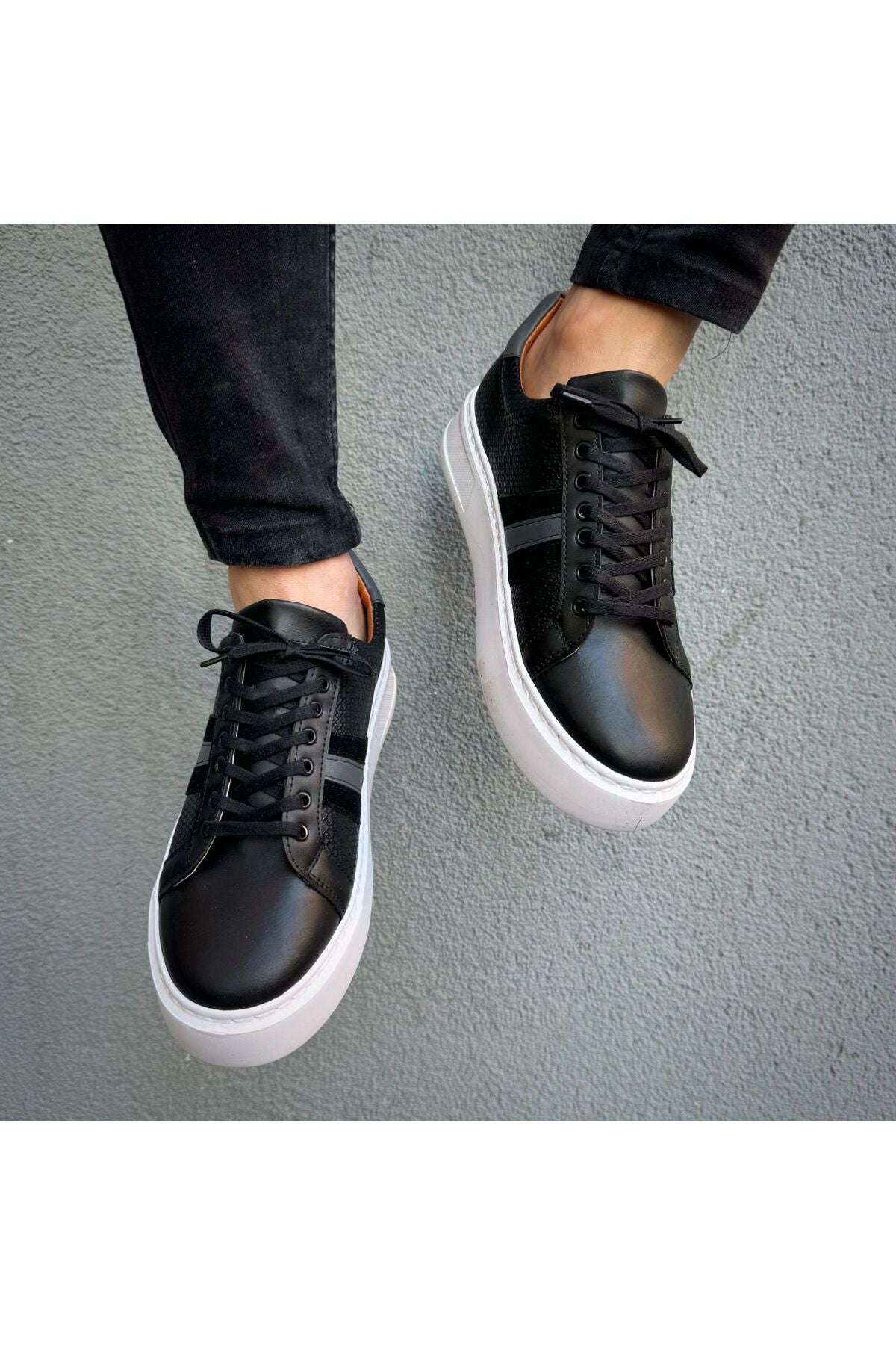 Siyah Cilt ithal suni deri Yüksek Taban Günlük bağcıklı Erkek sneakers Ayakkabı MRT00623