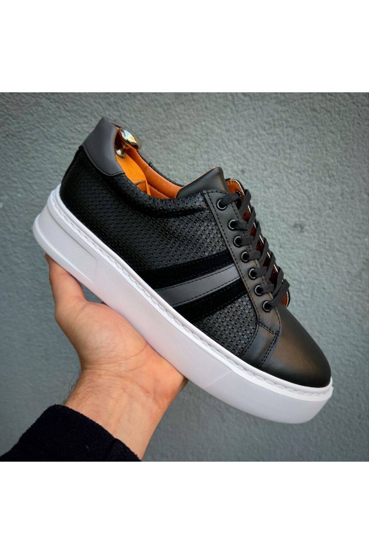 Siyah Cilt ithal suni deri Yüksek Taban Günlük bağcıklı Erkek sneakers Ayakkabı MRT00623